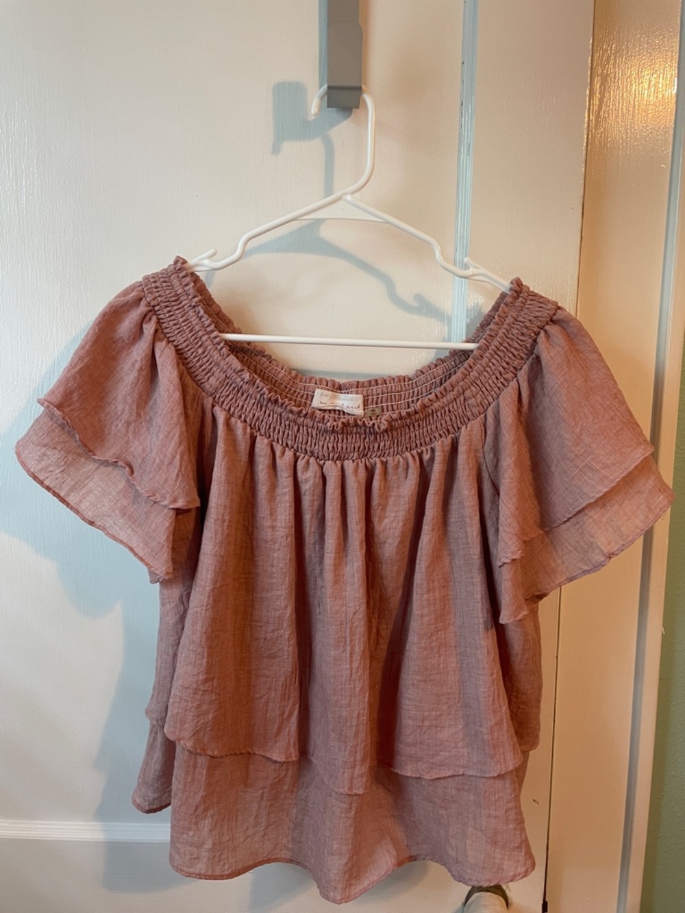Smocked Off the Shoulder / Ruffle Sleeve Top - Pink Dusty Rose
